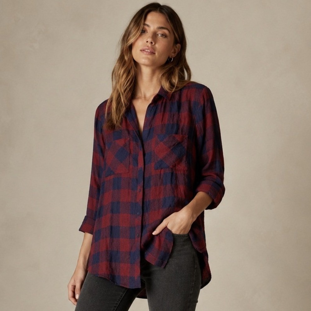 Cloth & Stone Women Burgundy Navy Buffalo Plaid Rayon Button Down Shirt Small